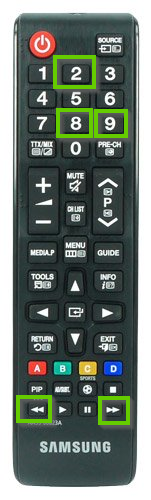 Samsung remote showing the fast forward, rewind, 2, 8, and 9 buttons highlighted.