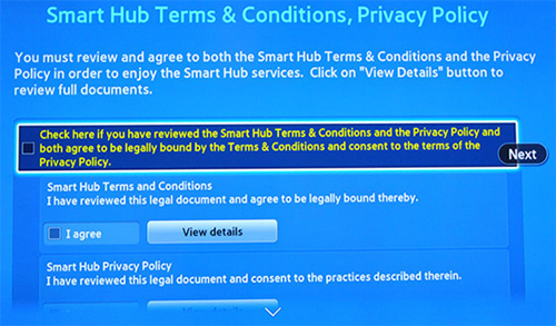 Samsung Smart Hub terms and conditions.