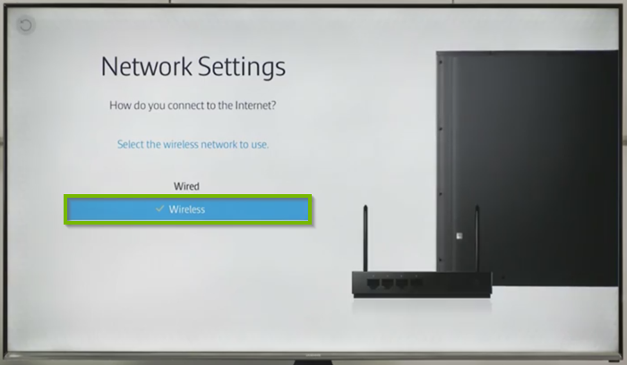 Wireless option highlighted on Network Settings screen.