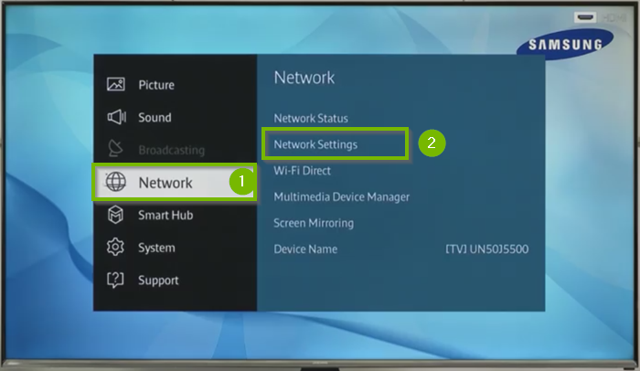 Path to Network Settings highlighted on TV screen.