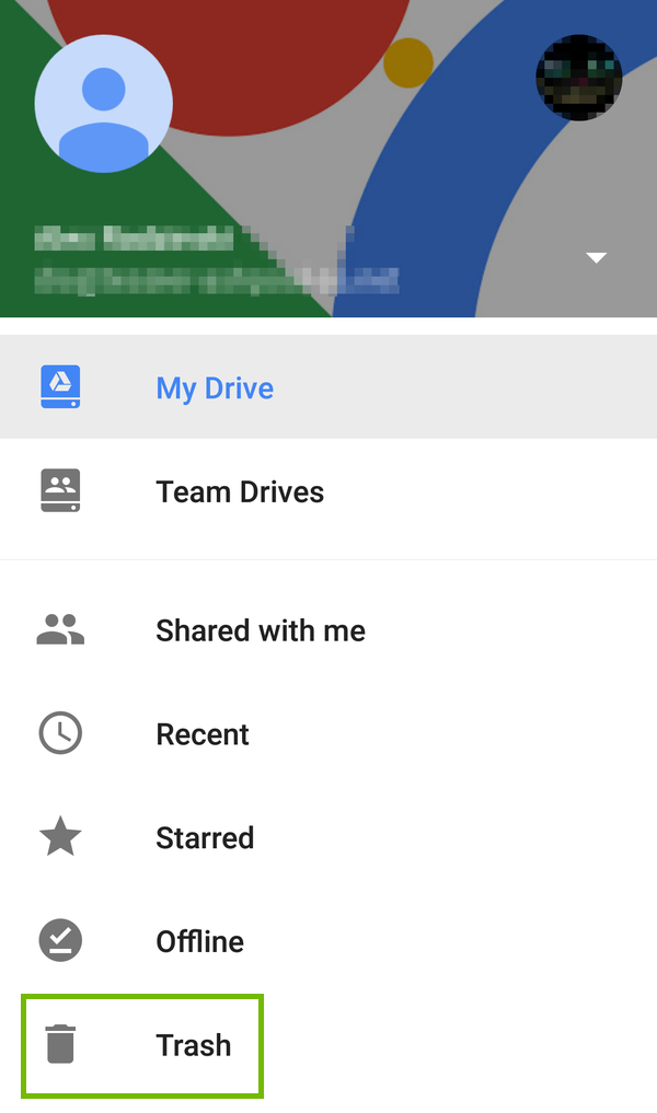 Drive menu with Trash highlighted.