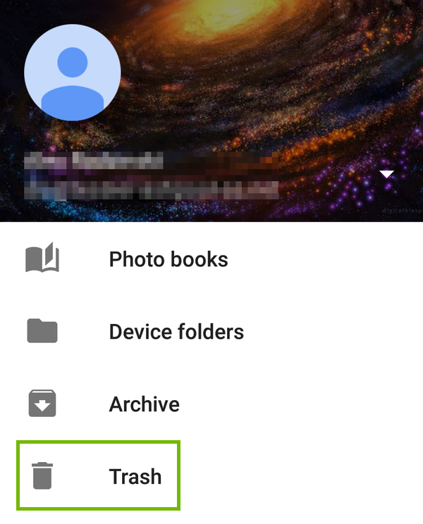 Google Photos menu with Trash highlighted.