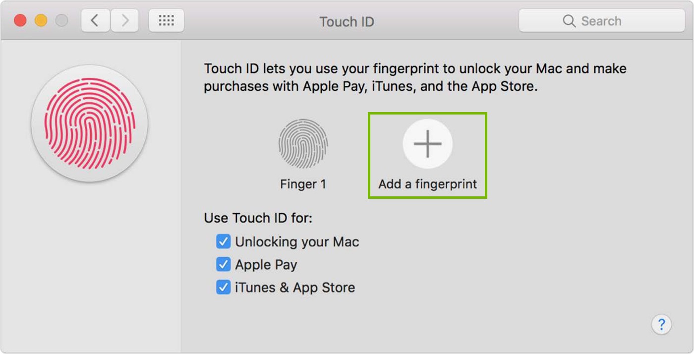 screenshot of touch id preferences with add a new fingerprint highlighted