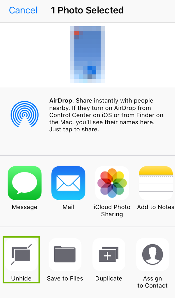 Photo menu with Unhide highlighted.