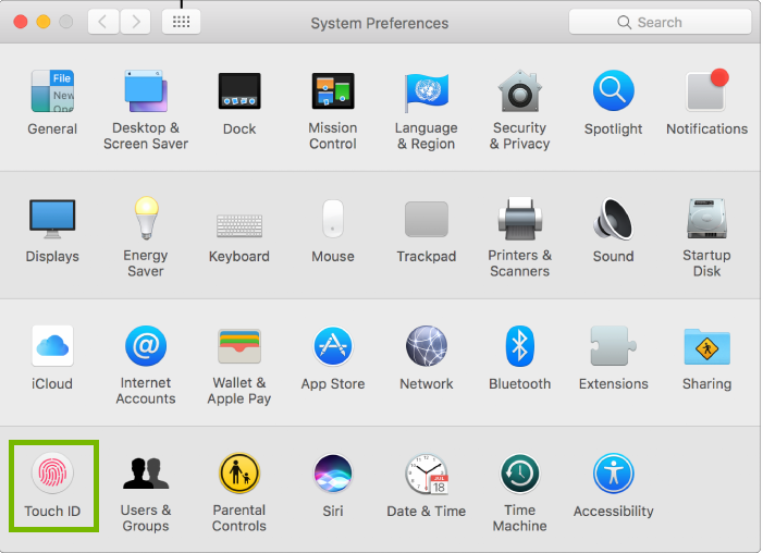 screenshot of system Preferences with touch ID highlighted