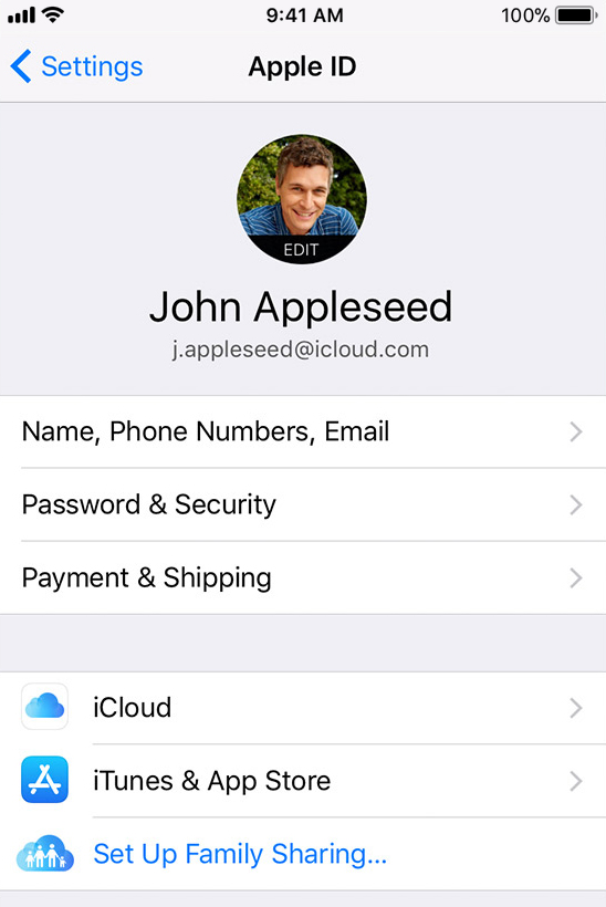 iOS device showing the apple id selected