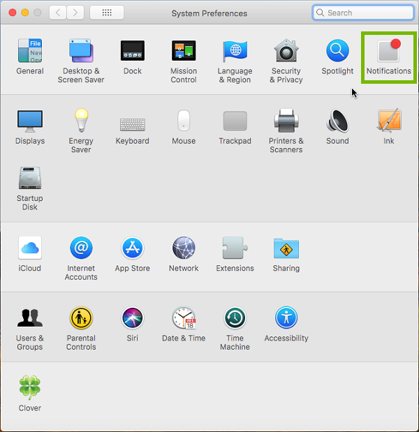 System Preferences menu with Notifications highlighted. Screenshot