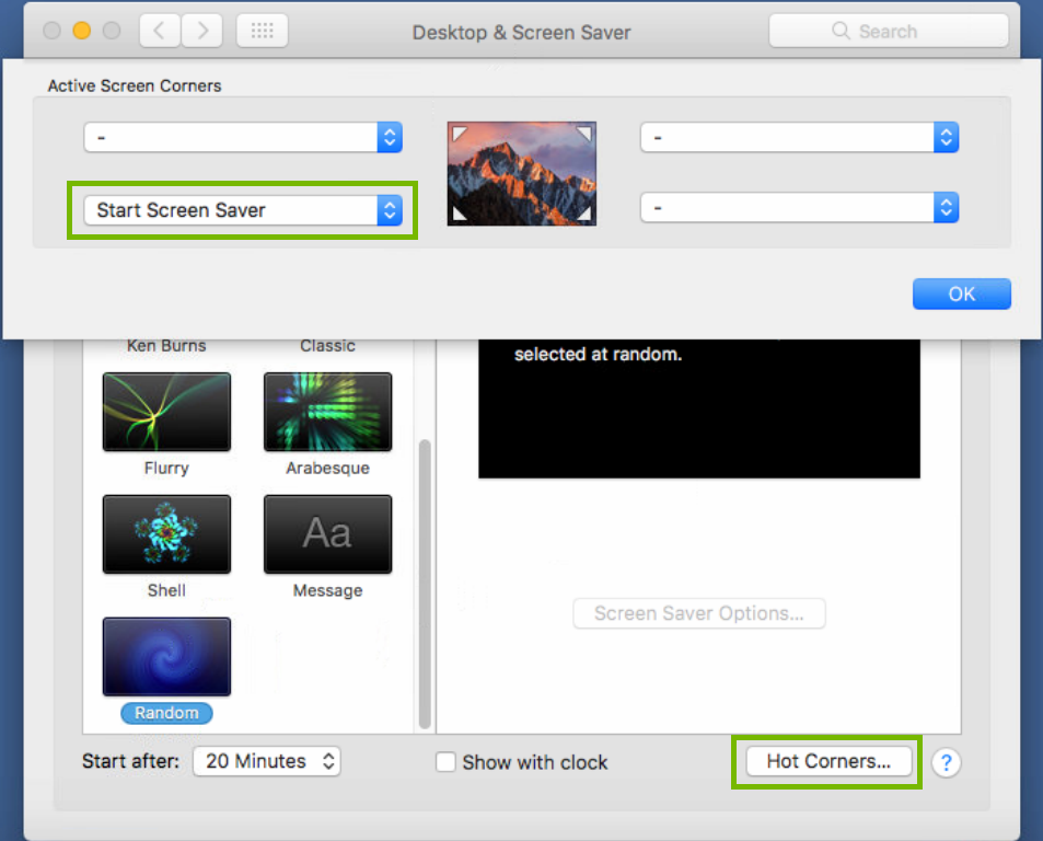 screenshot of hot corners dialog with one set to start screen saver as example