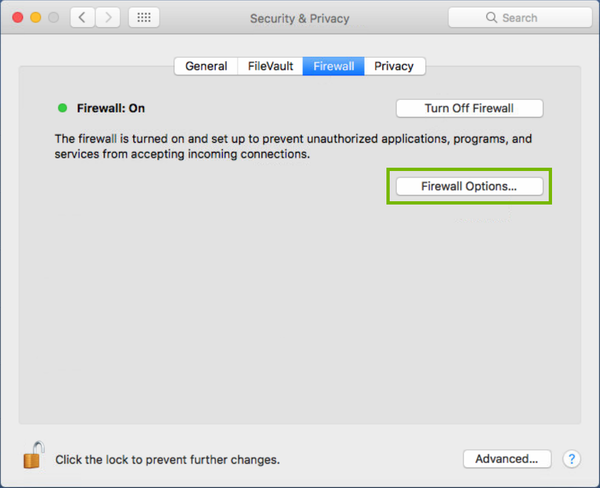 firewall settings with firewall options button highlighted