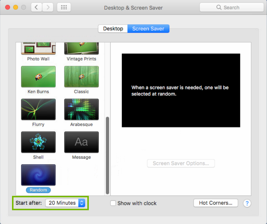 screenshot of screen saver Preferences with start after highlighted