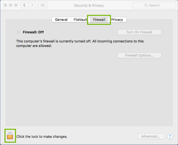 security and privacy Preferences with firewall tab and lock icon highlighted