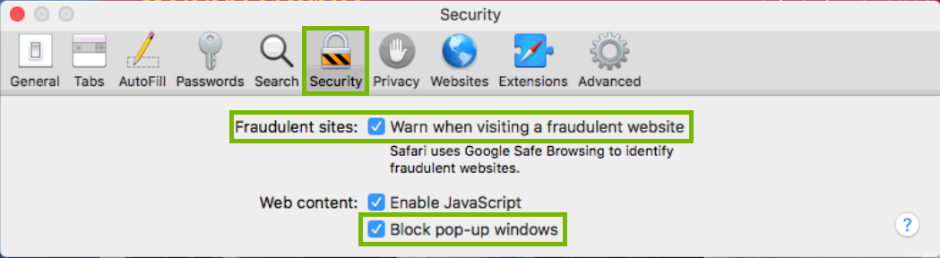 screenshot of security preferences with Fraudulent sites and pop-up blocker options highlighted