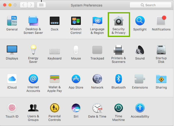 screenshot of System Preferences with Security and Privacy highlighted