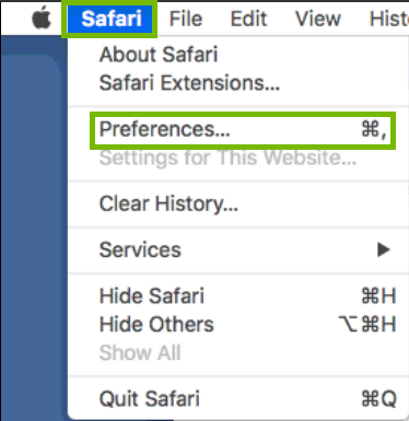screenshot of safari menu with Preferences highlighted