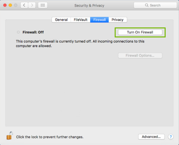 firewall settings with turn on firewall button highlighted