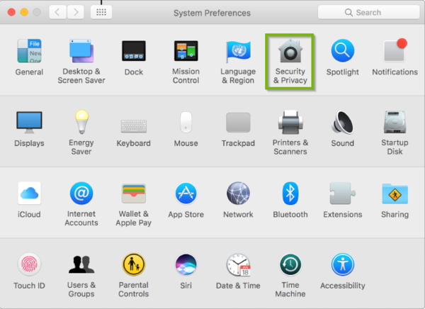 system Preferences with Security and Privacy highlighted