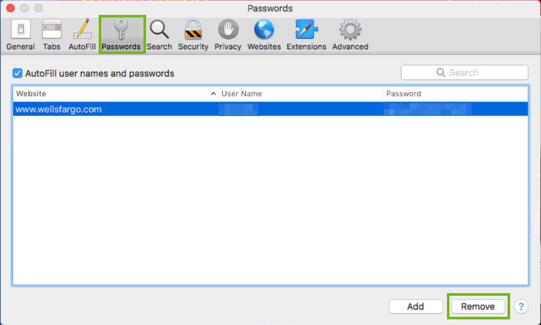 screenshot of password Preferences
