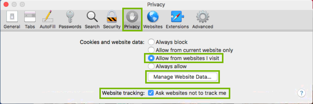 screenshot of privacy options with cookies setting and website tracking option highlighted