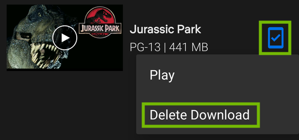 Downloaded item with menu open and Delete Download highlighted.