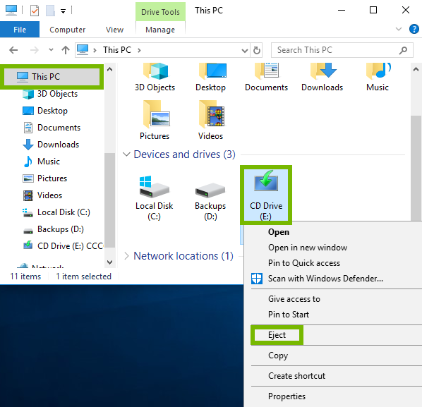Steps highlighted to eject disc from PC.