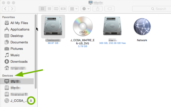 Devices pointed out and Eject symbol highlighted in Finder.