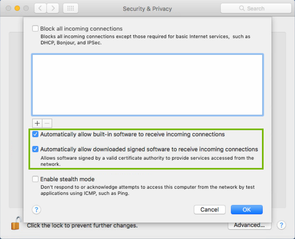 firewall settings with options for allowing built-in and signed software allowed highlighted
