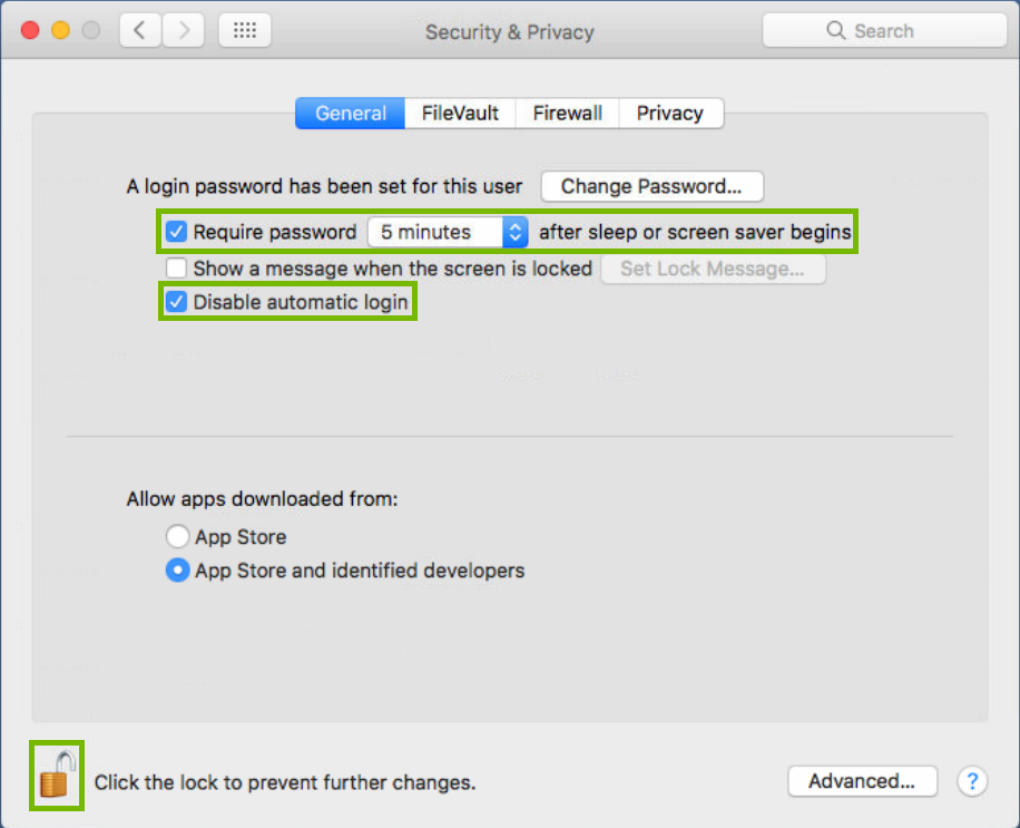 screenshot of security and privacy Preferences with require password, disable automatic login, and lock icon highlighted