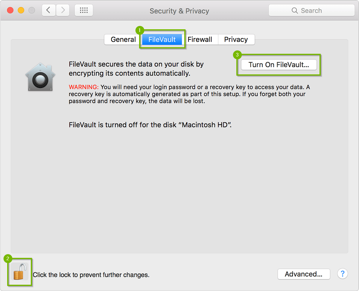 screenshot of security and privacy Preferences with FileVault tab and turn on FileVault button highlighted