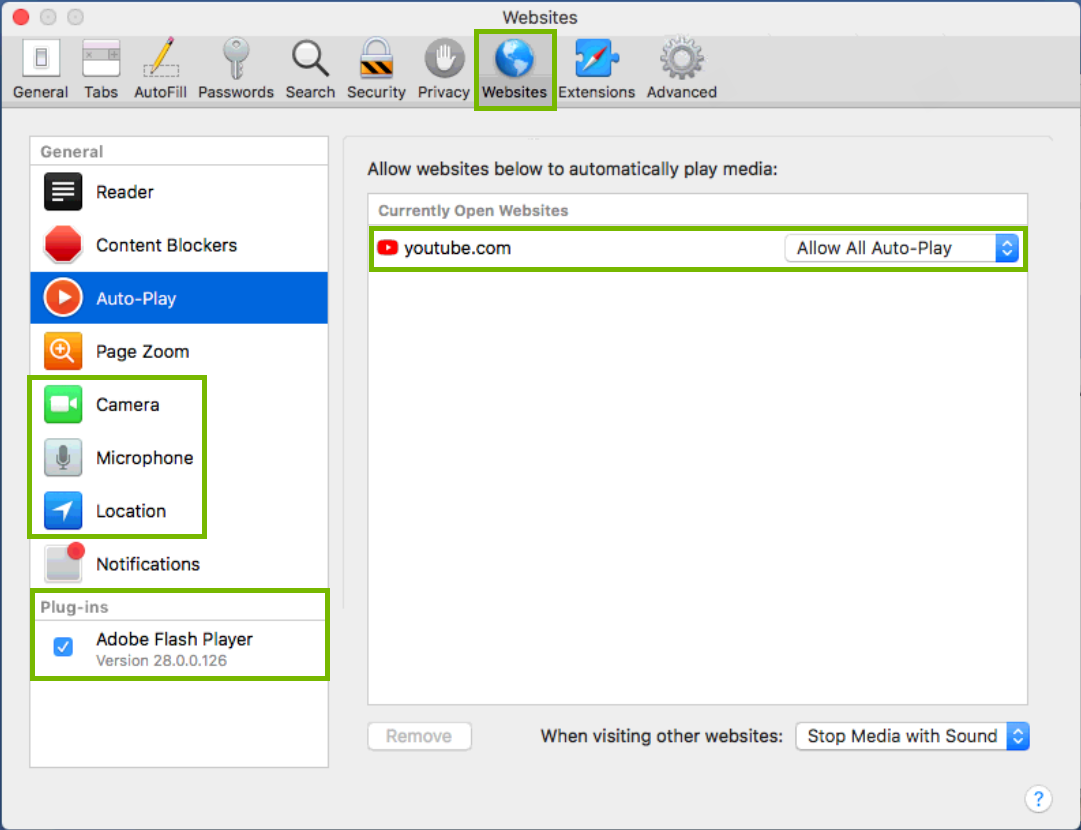 screenshot of websites preferences with sensitive settings highlighted