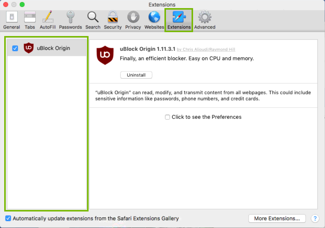 screenshot of extension preferences with left list highlighted