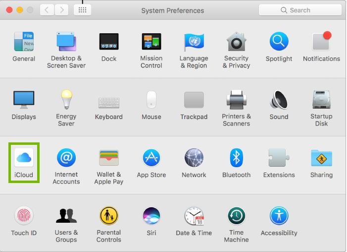 screenshot of system Preferences with iCloud highlighted