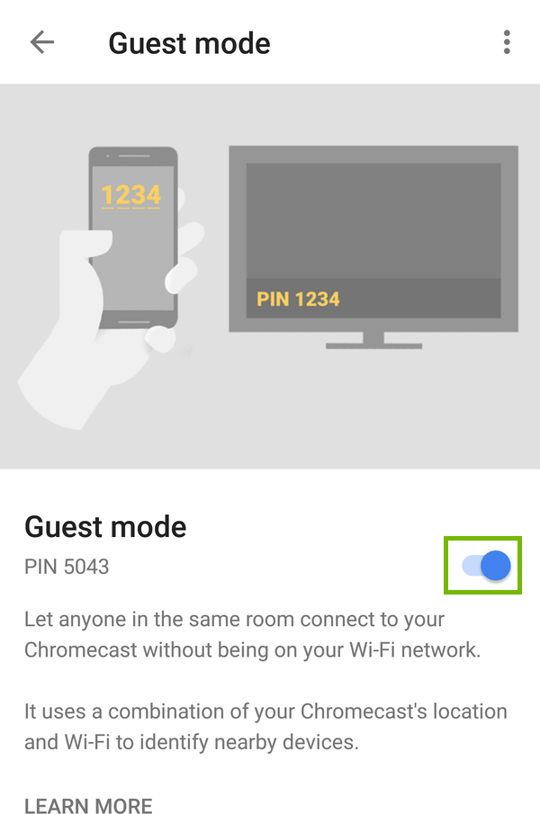 Chromecast Guest Mode options with Gust mode toggle on and highlighted.