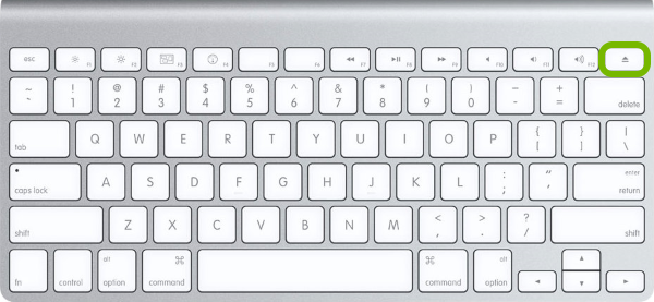 Eject button highlighted on Mac keyboard.
