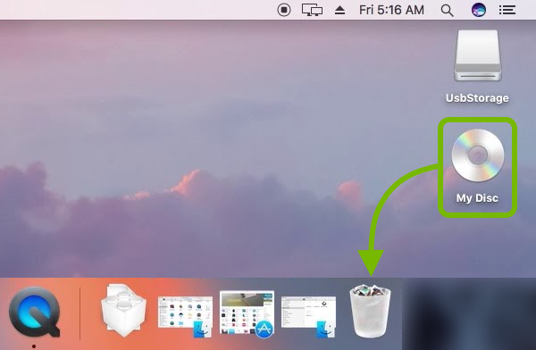 Disc icon being dragged to Trash on macOS.