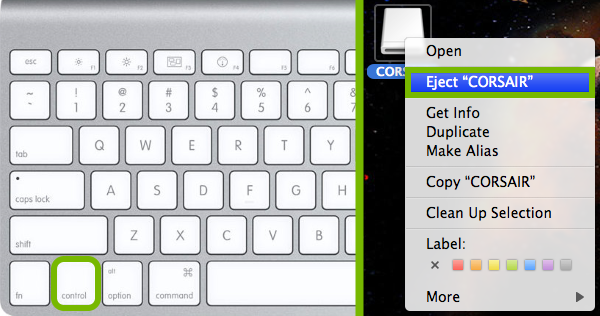 Ctrl button pointed out on Mac keyboard and Eject option highlighted in context menu for disc drive.
