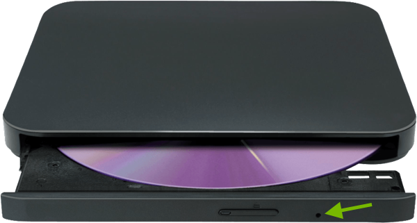 Emergency pinhole pointed out on front of external disc drive.