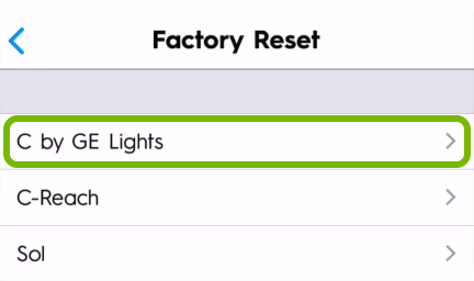 C by GE Lights option highlighted in C by GE app settings.
