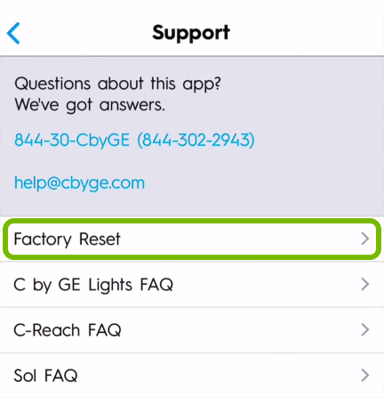 Factory Reset option highlighted in C by GE app settings.