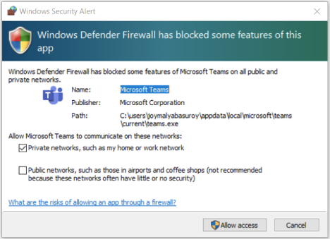 windows firewall teams