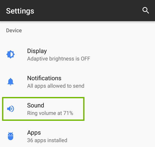 Android Settings with Sound highlighted.