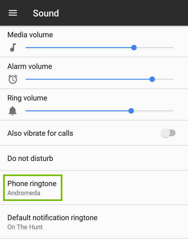 Sound Settings with Phone ringtone highlighted.