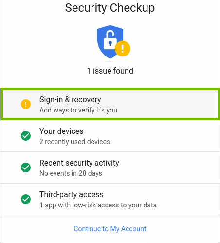 Google security checkup results with one item highlighted by a yellow circle with an exclamation mark in it.