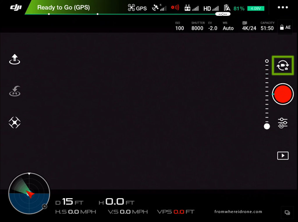 DJI Go 4 UI with camera-video switch highlighted.