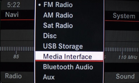 Car stereo source set to Media Interface.