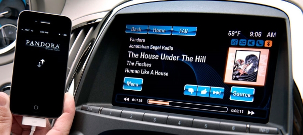 Smartphone connected to car stereo.