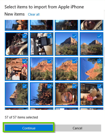 Windows 10 showing photos listed for import