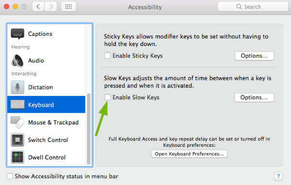 Enable Slow Keys toggle box pointed out in Accessibility Preferences in macOS.