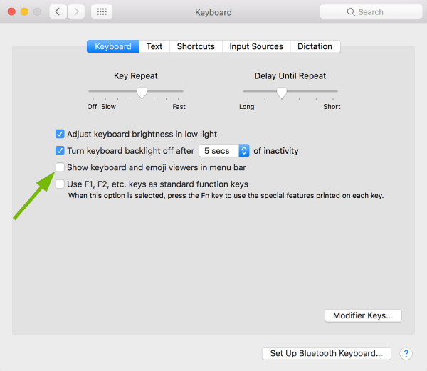 On-screen keyboard toggle box pointed out in Keyboard Preferences in macOS.