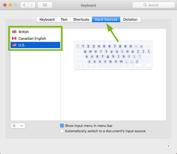 Input Sources tab pointed out and keyboard layout selection area highlighted in Keyboard Preferences in macOS.