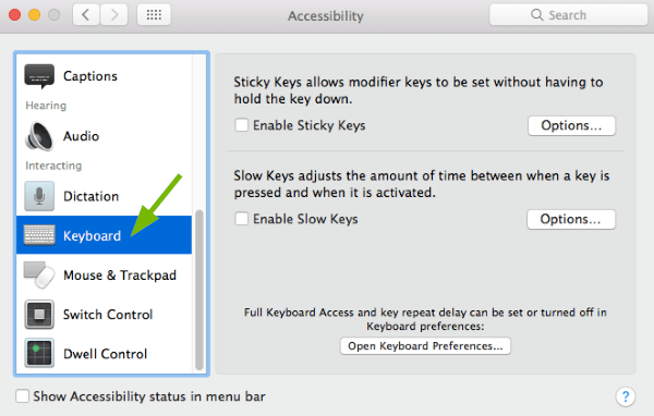 Keyboard option pointed out in Accessibility Preferences in macOS.